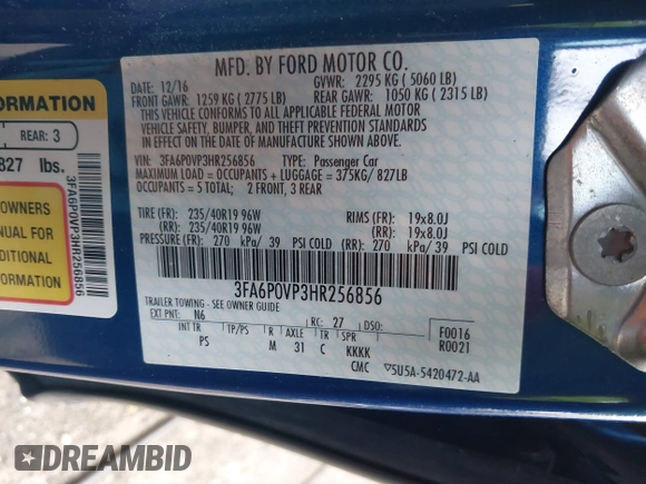 2017 Ford Fusion Sport with VIN 3FA6P0VP3HR256856, listed as a IAAI auction lot 41998564 with 106,932 mi miles. Bid and sale history available at carsss.com. Image 9.