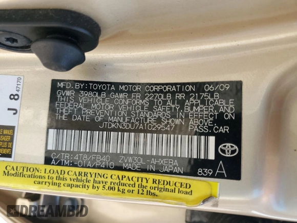 2010 Toyota Prius II with VIN JTDKN3DU7A1029547, listed as a Copart auction lot 55634735 with 248,578 mi miles and Salvage Title. Bid and sale history available at DreamBid. Image 13.