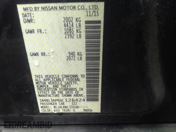 2016 Nissan Altima SL with VIN 1N4BL3AP6GC126424, listed as a IAAI auction lot 42416614 with 102,397 mi miles and . Bid and sale history available at DreamBid. Image 9.