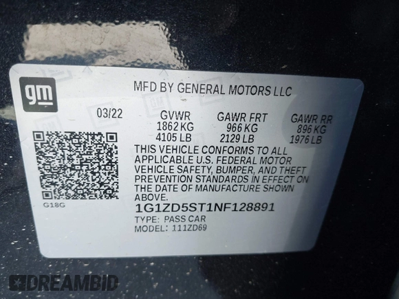 2022 Chevrolet Malibu LT with VIN 1G1ZD5ST1NF128891, listed as a IAAI auction lot 41892567 with 59,589 mi miles and . Bid and sale history available at DreamBid. Image 9.
