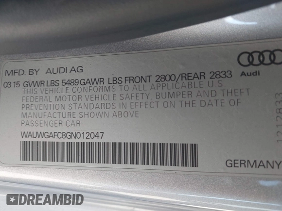 2016 Audi A7 3.0 Premium Plus with VIN WAUWGAFC8GN012047, listed as a IAAI auction lot 41012423 with 77,778 mi miles. Bid and sale history available at carsss.com. Image 9.