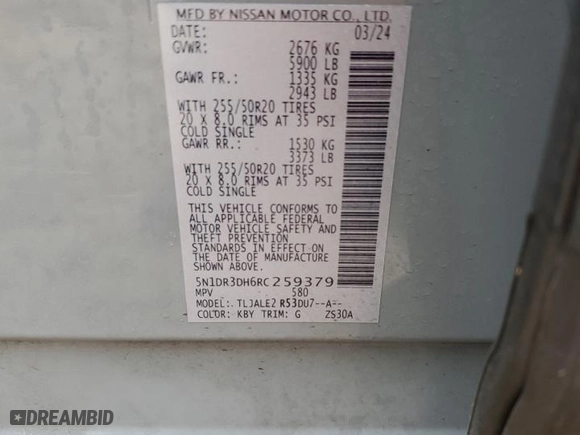 2024 Nissan Pathfinder Platinum with VIN 5N1DR3DH6RC259379, listed as a Copart auction lot 43399045 with 19,750 mi miles and Salvage Title. Bid and sale history available at carsss.com. Image 13.