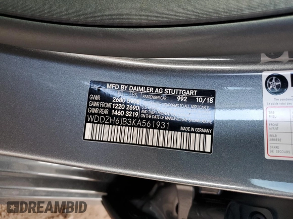 2019 Mercedes-Benz E 450 with VIN WDDZH6JB3KA561931, listed as a Copart auction lot 48417825 with 38,561 mi miles and Salvage Title. Bid and sale history available at DreamBid. Image 13.