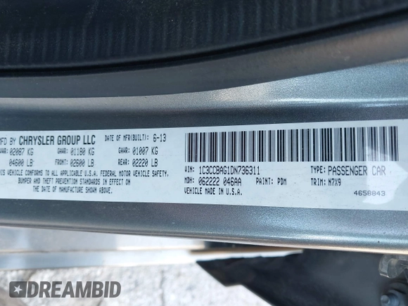 2013 Chrysler 200 LX with VIN 1C3CCBAG1DN736311, listed as a IAAI auction lot 41581741 with 143,892 mi miles. Bid and sale history available at carsss.com. Image 9.
