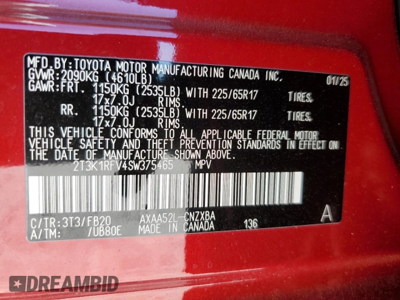 2025 Toyota RAV4 LE with VIN 2T3K1RFV4SW375465, listed as a Copart auction lot 50133915 with 4,170 mi miles and Salvage Title. Bid and sale history available at carsss.com. Image 15.