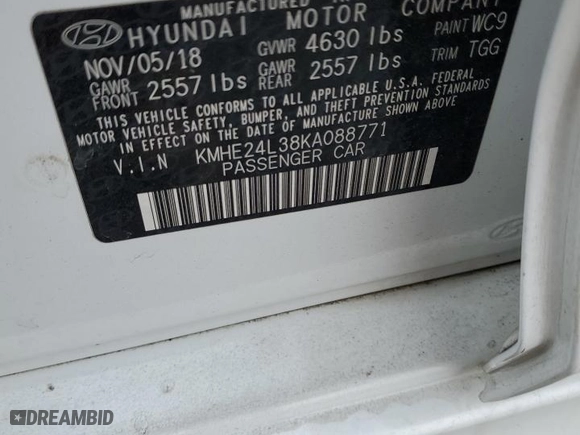 2019 Hyundai Sonata Hybrid SE with VIN KMHE24L38KA088771, listed as a Copart auction lot 84761594 with 32,818 mi miles and Salvage Title. Bid and sale history available at carsss.com. Image 12.