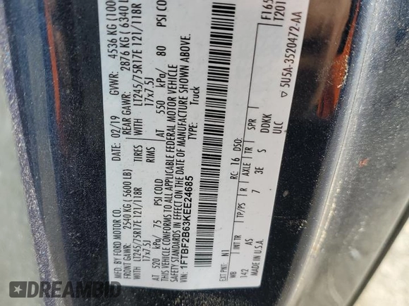 2019 Ford F-250 XL с VIN 1FTBF2B63KEE24685, выставлен на аукционе Copart как лот 41475665 с пробегом 24 040 миль миль и Списание • Salvage title. История ставок и продаж доступна на DreamBid. Изображение 14.