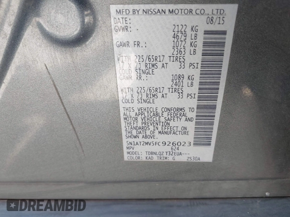 2015 Nissan Rogue SL with VIN 5N1AT2MV5FC926023, listed as a IAAI auction lot 41876812 with 120,736 mi miles and . Bid and sale history available at carsss.com. Image 9.