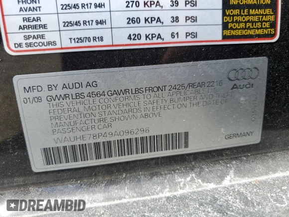 2009 Audi A3 z VIN WAUHE78P49A096296, wystawiony jako Copart lot #58724875 z przebiegiem 209 133 mil mil oraz Szkoda całkowita • Salvage title. Historia ofert i sprzedaży dostępna na DreamBid. Obrazek 12.