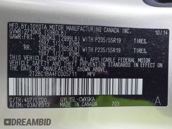 2015 Lexus RX 450h with VIN 2T2BC1BA4FC005711, listed as a IAAI auction lot 41502625 with 142,031 mi miles and . Bid and sale history available at DreamBid. Image 9.