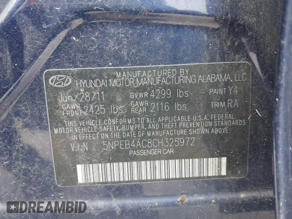 2012 Hyundai Sonata GLS with VIN 5NPEB4AC8CH325972, listed as a IAAI auction lot 42074980 with 259,660 mi miles and . Bid and sale history available at DreamBid. Image 9.