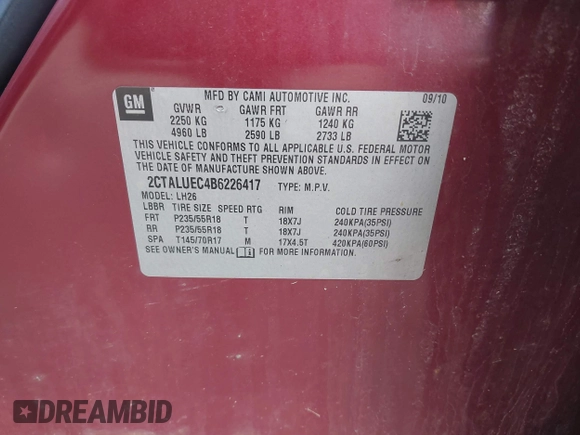 2011 GMC Terrain SLT-1 with VIN 2CTALUEC4B6226417, listed as a IAAI auction lot 41991492 with Not Provided miles and . Bid and sale history available at carsss.com. Image 9.