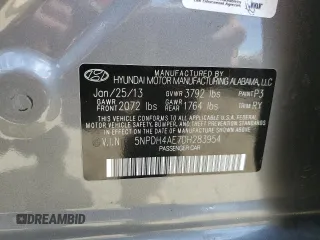 2013 Hyundai Elantra GLS with VIN 5NPDH4AE7DH283954, listed as a Copart auction lot 63371705 with 115,992 mi miles and Salvage title. Bid and sale history available at DreamBid. Image 13.
