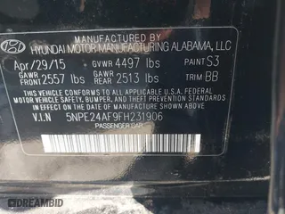 2015 Hyundai Sonata 2.4L SE with VIN 5NPE24AF9FH231906, listed as a IAAI auction lot 41403939 with 1 mi miles. Bid and sale history available at carsss.com. Image 9.