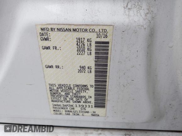2017 Nissan Altima SR with VIN 1N4AL3AP2HC139331, listed as a IAAI auction lot 42070393 with 139,831 mi miles and . Bid and sale history available at DreamBid. Image 9.