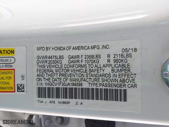 2018 Honda Accord Sedan Sport 1.5T with VIN 1HGCV1F30JA184598, listed as a IAAI auction lot 41819179 with 67,697 mi miles. Bid and sale history available at carsss.com. Image 9.