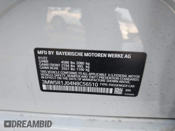 2022 BMW 3 Series 330i with VIN 3MW5R1J04N8C56510, listed as a IAAI auction lot 41458542 with 62,022 mi miles. Bid and sale history available at carsss.com. Image 9.