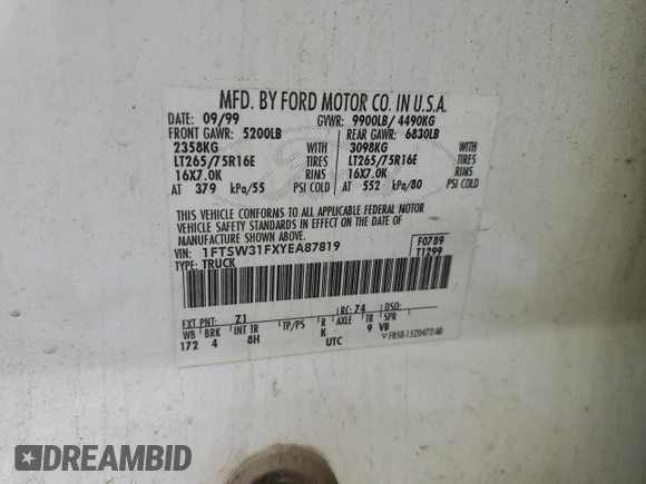 2000 Ford F-350 XL with VIN 1FTSW31FXYEA87819, listed as a Copart auction lot 49783485 with 244,751 mi miles and Salvage Title. Bid and sale history available at DreamBid. Image 12.