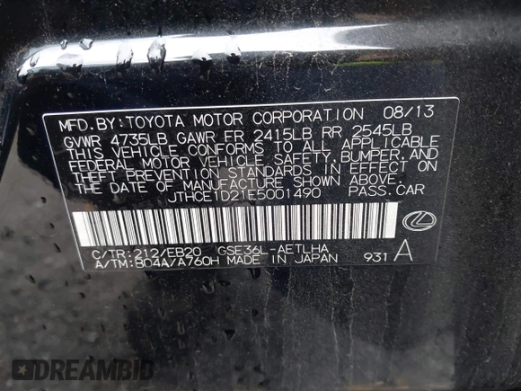 2014 Lexus IS 350 with VIN JTHCE1D21E5001490, listed as a IAAI auction lot 42373373 with 168,005 mi miles and . Bid and sale history available at DreamBid. Image 9.