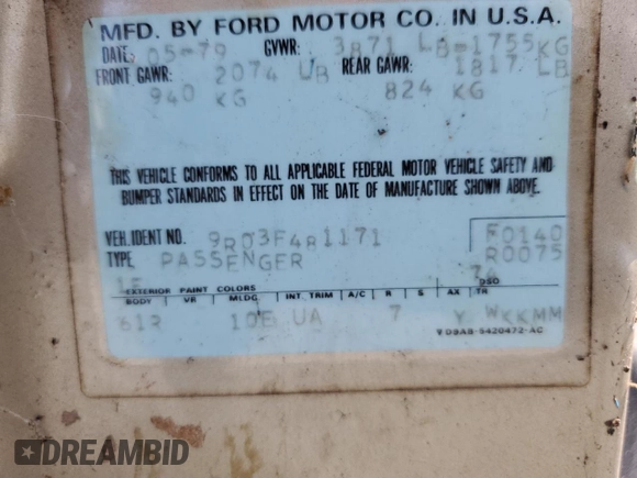 1979 Ford Mustang с VIN 9R03F481171, выставлен на аукционе Copart как лот 56787595 с пробегом 79 124 миль миль и Чистый • Clean title. История ставок и продаж доступна на DreamBid. Изображение 13.