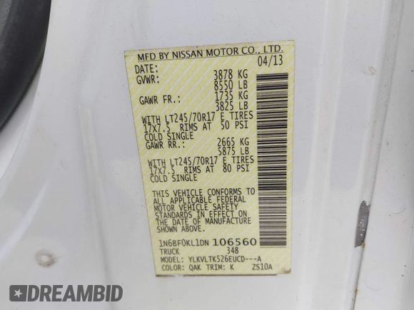 2013 Nissan NV S with VIN 1N6BF0KL1DN106560, listed as a IAAI auction lot 41780379 with 181,657 mi miles. Bid and sale history available at carsss.com. Image 9.