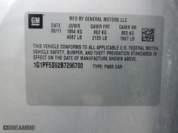 2011 Chevrolet Cruze LT w/1LT with VIN 1G1PF5S92B7296700, listed as a Copart auction lot 52758725 with 144,413 mi miles and Salvage Title. Bid and sale history available at carsss.com. Image 12.