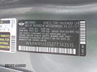 2007 MINI Convertible S with VIN WMWRH33527TJ43515, listed as a IAAI auction lot 41651846 with Not provided miles and . Bid and sale history available at DreamBid. Image 9.