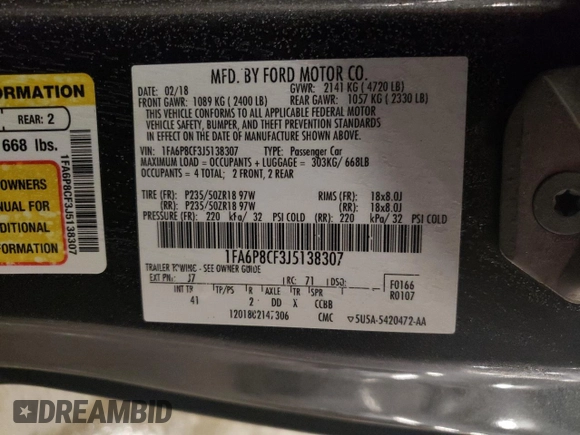 2018 Ford Mustang GT with VIN 1FA6P8CF3J5138307, listed as a Copart auction lot 44421485 with 58,870 mi miles and Salvage Title. Bid and sale history available at DreamBid. Image 13.