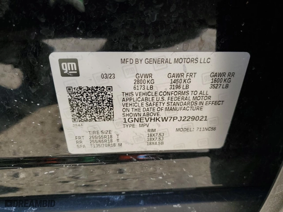 2023 Chevrolet Traverse LT Leather with VIN 1GNEVHKW7PJ229021, listed as a Copart auction lot 52353135 with 55,413 mi miles and Salvage Title. Bid and sale history available at carsss.com. Image 13.