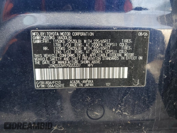 2007 Toyota RAV4 with VIN JTMZD33V975033337, listed as a Copart auction lot 45019205 with 159,864 mi miles and Non Repairable. Bid and sale history available at carsss.com. Image 13.