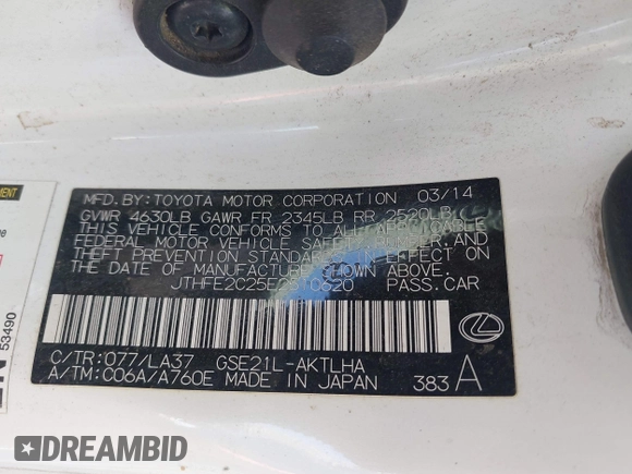 2014 Lexus IS 350 C with VIN JTHFE2C25E2510620, listed as a IAAI auction lot 42283748 with Not provided miles and . Bid and sale history available at DreamBid. Image 9.