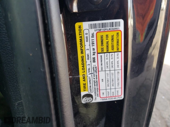 2018 Ford F-150 XL with VIN 1FTMF1EP0JKC60951, listed as a Copart auction lot 77759594 with 152,604 mi miles and Salvage title. Bid and sale history available at DreamBid. Image 12.