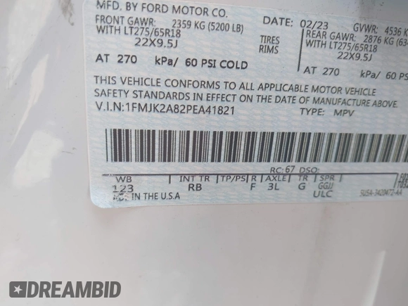 2023 Ford Expedition Max Limited with VIN 1FMJK2A85PEA40906, listed as a IAAI auction lot 42396188 with 24,753 mi miles and . Bid and sale history available at DreamBid. Image 9.