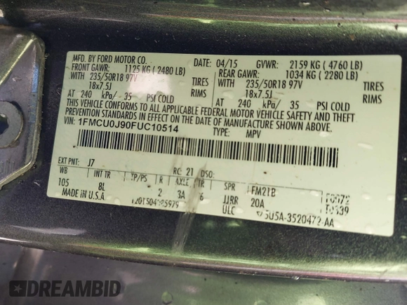 2015 Ford Escape Titanium with VIN 1FMCU0J90FUC10514, listed as a IAAI auction lot 41785756 with 222,434 mi miles and . Bid and sale history available at DreamBid. Image 9.