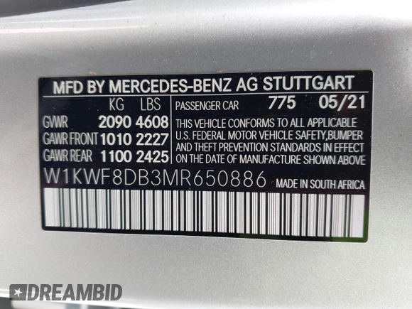 2021 Mercedes-Benz C 300 with VIN W1KWF8DB3MR650886, listed as a IAAI auction lot 41728472 with 26,700 mi miles and . Bid and sale history available at carsss.com. Image 9.