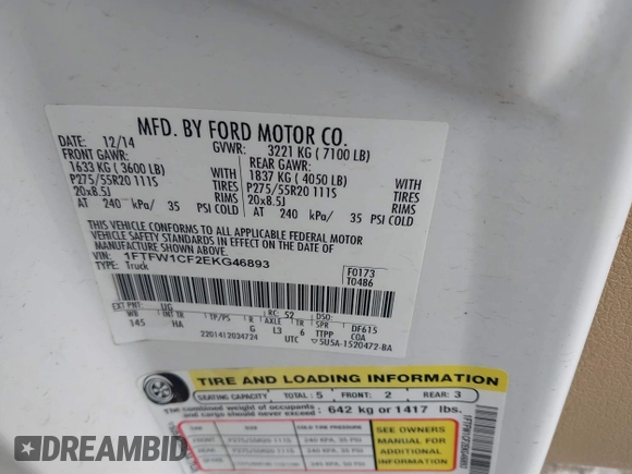 2014 Ford F-150 XL with VIN 1FTFW1CF2EKG46893, listed as a IAAI auction lot 41340410 with 158,798 mi miles and . Bid and sale history available at DreamBid. Image 9.
