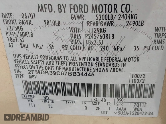 2007 Ford Edge SEL PLUS with VIN 2FMDK39C67BB34445, listed as a IAAI auction lot 42026755 with 154,121 mi miles. Bid and sale history available at carsss.com. Image 9.