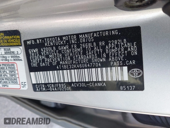 2006 Toyota Camry STD with VIN 4T1BE32K46U647704, listed as a IAAI auction lot 42158768 with 171,116 mi miles and . Bid and sale history available at DreamBid. Image 9.