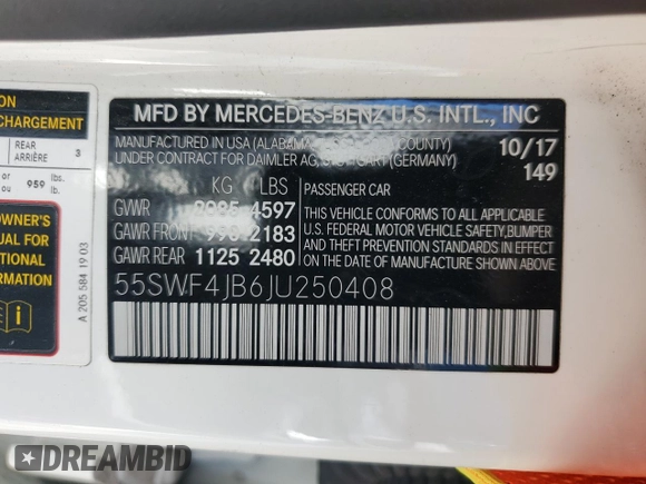 2018 Mercedes-Benz C 300 with VIN 55SWF4JB6JU250408, listed as a Copart auction lot 57645405 with 161,557 mi miles and Salvage title. Bid and sale history available at DreamBid. Image 13.