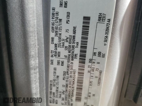 2022 Ford Transit Cargo with VIN 1FTBW9C87NKA52461, listed as a Copart auction lot 53349685 with 55,409 mi miles and Non Repairable. Bid and sale history available at DreamBid. Image 14.
