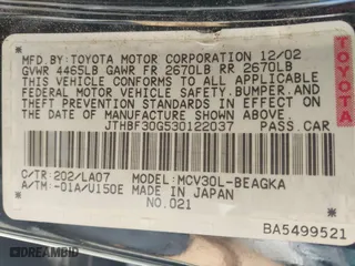 2003 Lexus ES 300 with VIN JTHBF30G530122037, listed as a IAAI auction lot 42051319 with 1 mi miles. Bid and sale history available at carsss.com. Image 9.