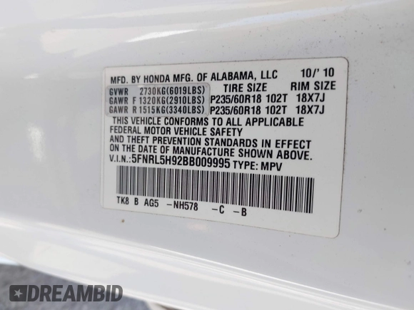 2011 Honda Odyssey Touring с VIN 5FNRL5H92BB009995, выставлен на аукционе IAAI как лот 42147249 с пробегом 139 543 миль миль и . История ставок и продаж доступна на DreamBid. Изображение 9.