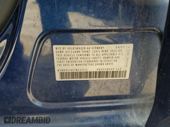 2007 Volkswagen Rabbit with VIN WVWDR91K07W237512, listed as a Copart auction lot 50466105 with 140,099 mi miles and Clean title. Bid and sale history available at DreamBid. Image 12.