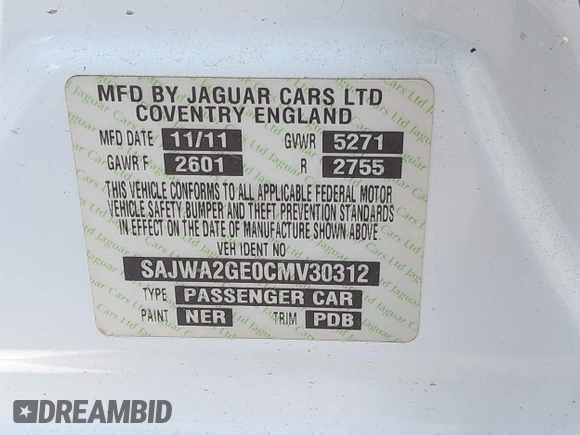 2012 Jaguar XJ Supercharged with VIN SAJWA2GE0CMV30312, listed as a IAAI auction lot 42722598 with 133,685 mi miles and . Bid and sale history available at DreamBid. Image 9.