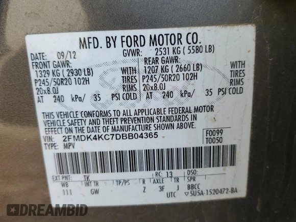 2013 Ford Edge Limited with VIN 2FMDK4KC7DBB04365, listed as a Copart auction lot 51775775 with 94,813 mi miles and Salvage Title. Bid and sale history available at carsss.com. Image 14.