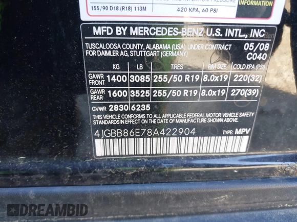 2008 Mercedes-Benz M 350 с VIN 4JGBB86E78A422904, выставлен на аукционе IAAI как лот 42320429 с пробегом 274 358 миль миль и . История ставок и продаж доступна на DreamBid. Изображение 9.