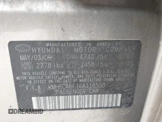 2006 Hyundai Azera SE with VIN KMHFC46F16A118500, listed as a IAAI auction lot 42007351 with 36,676 mi miles and . Bid and sale history available at DreamBid. Image 9.