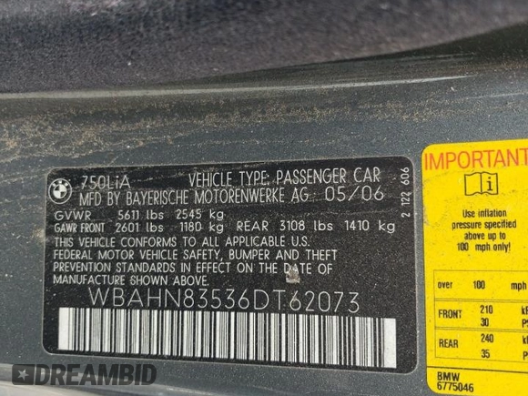 2006 BMW 7 Series 750Li z VIN WBAHN83536DT62073, wystawiony jako Copart lot #55636605 z przebiegiem 146 921 mil mil oraz Czysty tytuł • Clean title. Historia ofert i sprzedaży dostępna na DreamBid. Obrazek 12.