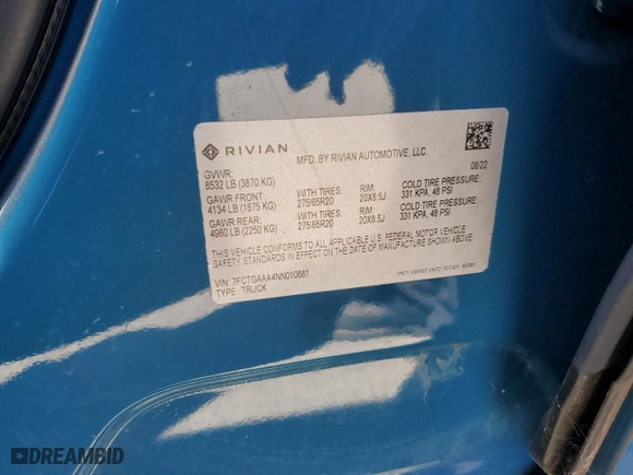 2022 Rivian R1T Adventure Package with VIN 7FCTGAAA4NN010881, listed as a Copart auction lot 58783584 with 0 mi miles and Salvage Title. Bid and sale history available at carsss.com. Image 12.