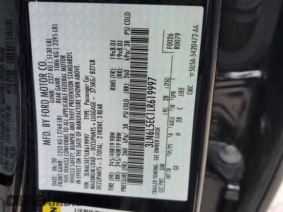2020 Lincoln MKZ Reserve with VIN 3LN6L5EC1LR619997, listed as a Copart auction lot 81565214 with 42,201 mi miles and Salvage title. Bid and sale history available at DreamBid. Image 12.